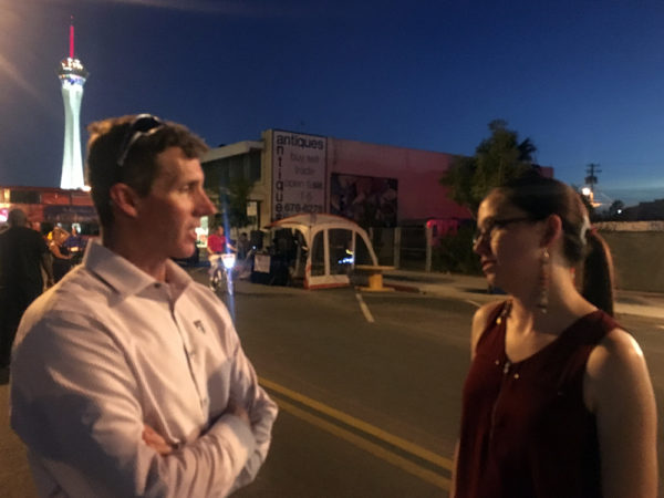 Jared Fisher speaking with Las Vegas resident Colleen McMillian